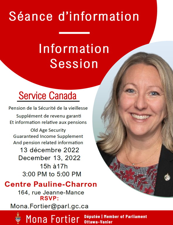 Information session on OAS and pensions (December 13, 2022 from 3 PM to 5 PM at Centre Pauline-Charron, 164 Jeanne-Mance St)